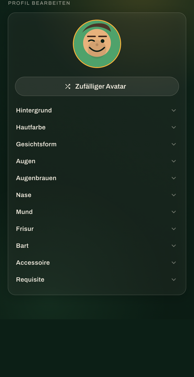 Avatar-Baukasten: Hintergrund, Frisur, Bart, Accessoire und mehr