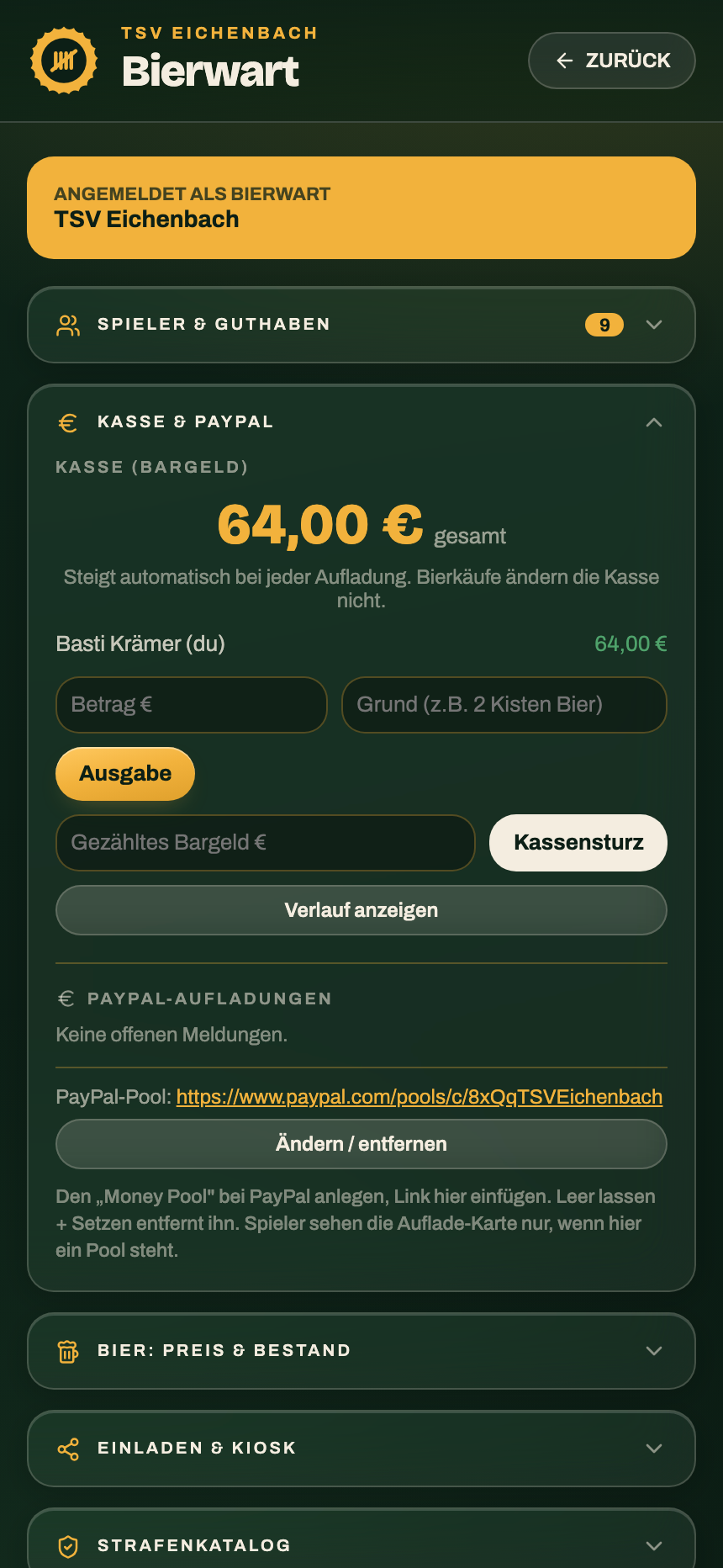 Bierwart-Dashboard: Kasse pro Bierwart, PayPal-Freigaben, Spielerguthaben