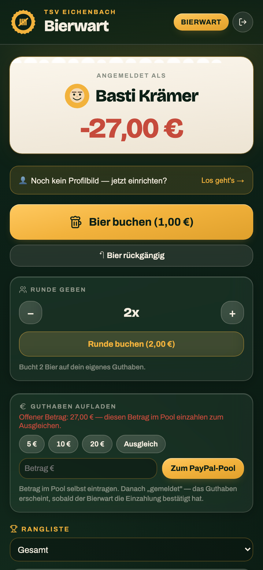 Spieler-Ansicht: Bier buchen, Buchung rückgängig machen, Guthaben per PayPal-Pool aufladen